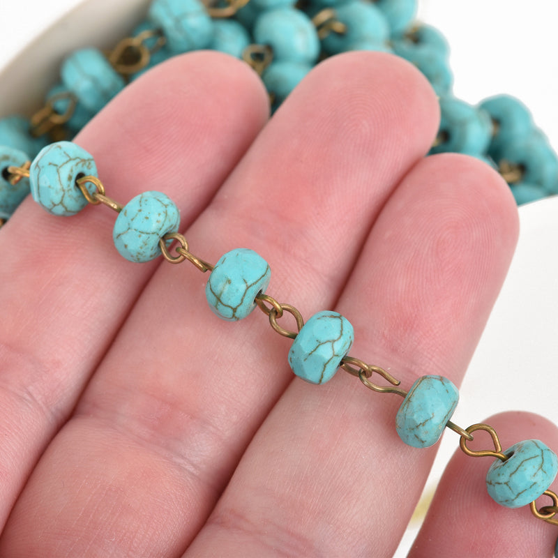 1 yard TURQUOISE BLUE Howlite Rosary Chain, bronze wire links, 8mm RONDELLE stone bead chain, fch0647a