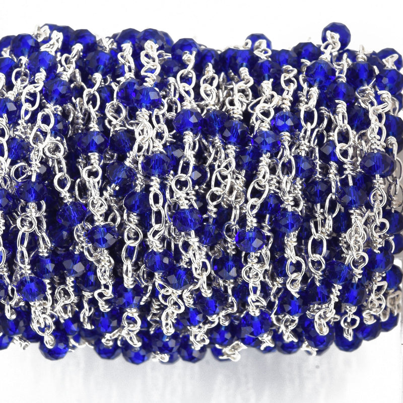 1 yard Royal Blue Crystal Rondelle Rosary Chain, silver double wrap, 4mm faceted TRANSPARENT rondelle glass beads, fch0648a
