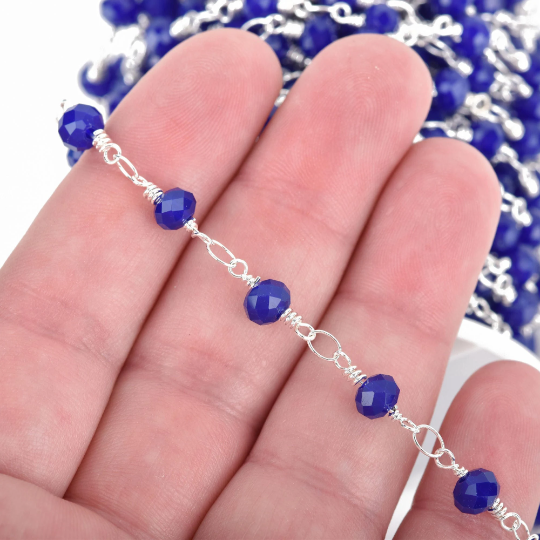 1 yard Royal Blue Crystal Rondelle Rosary Chain, silver double wrap, 6mm faceted rondelle OPAQUE glass beads, fch0649a