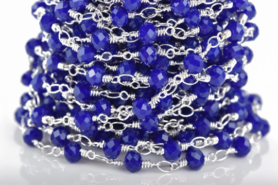 1 yard Royal Blue Crystal Rondelle Rosary Chain, silver double wrap, 6mm faceted rondelle OPAQUE glass beads, fch0649a
