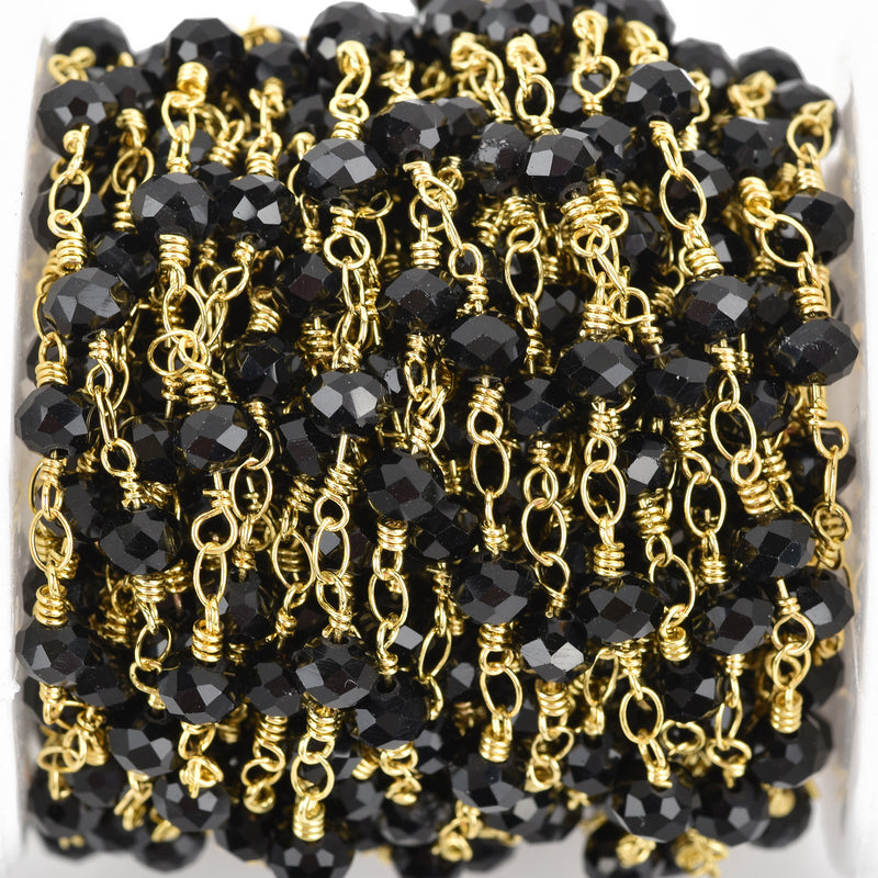 1 yard BLACK Crystal Rondelle Rosary Chain, bright gold double wrap, 6mm faceted rondelle glass beads, fch0650a