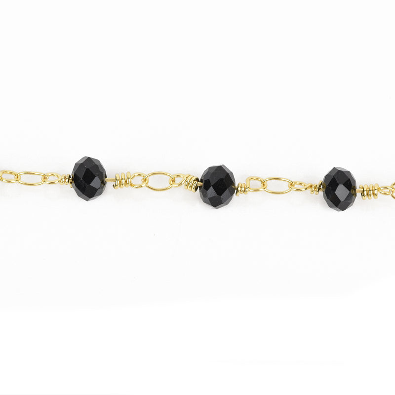 1 yard BLACK Crystal Rondelle Rosary Chain, bright gold double wrap, 6mm faceted rondelle glass beads, fch0650a