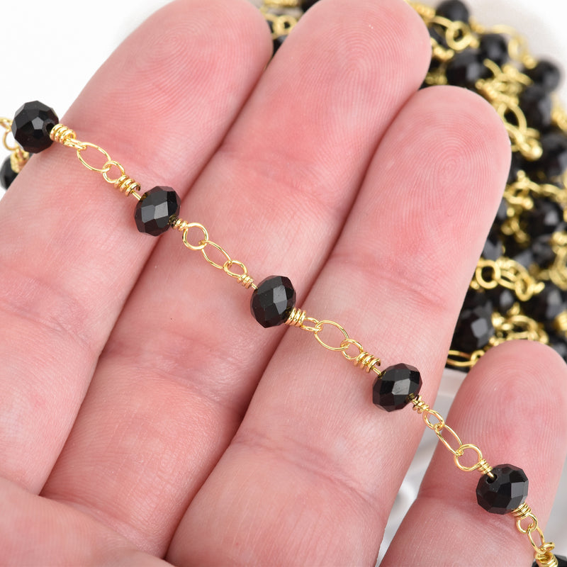 1 yard BLACK Crystal Rondelle Rosary Chain, bright gold double wrap, 6mm faceted rondelle glass beads, fch0650a