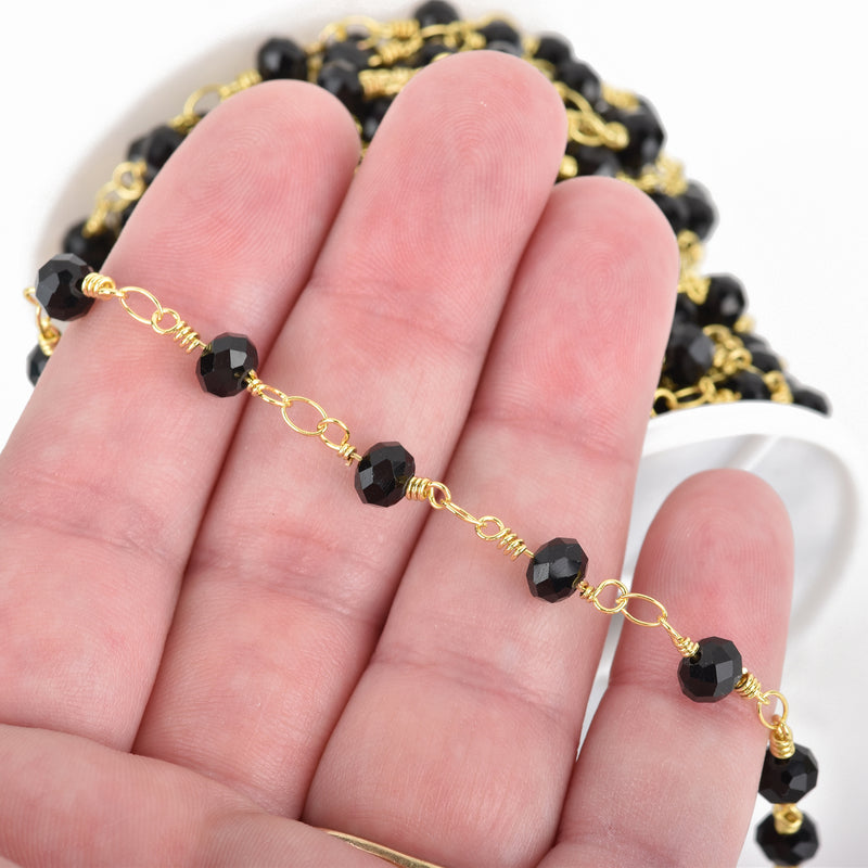 1 yard BLACK Crystal Rondelle Rosary Chain, bright gold double wrap, 6mm faceted rondelle glass beads, fch0650a