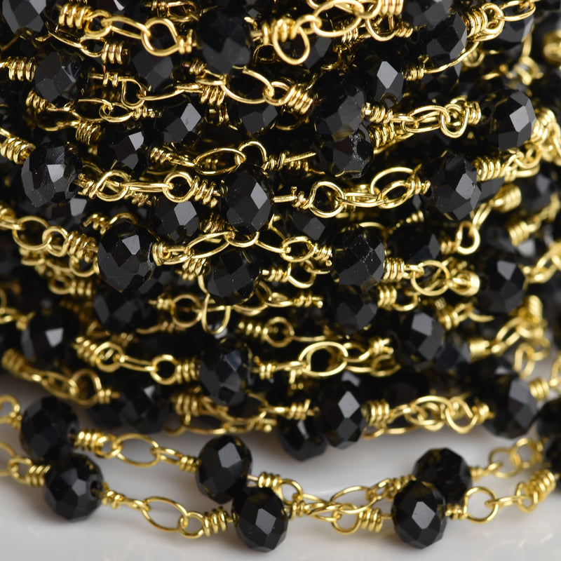 1 yard BLACK Crystal Rondelle Rosary Chain, bright gold double wrap, 6mm faceted rondelle glass beads, fch0650a