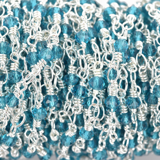 1 yard TEAL BLUE Crystal Rosary Chain, bright silver double wrap, 4mm faceted round glass beads, fch0652a