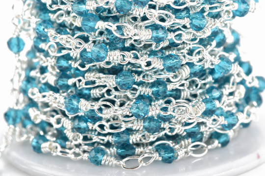 1 yard TEAL BLUE Crystal Rosary Chain, bright silver double wrap, 4mm faceted round glass beads, fch0652a