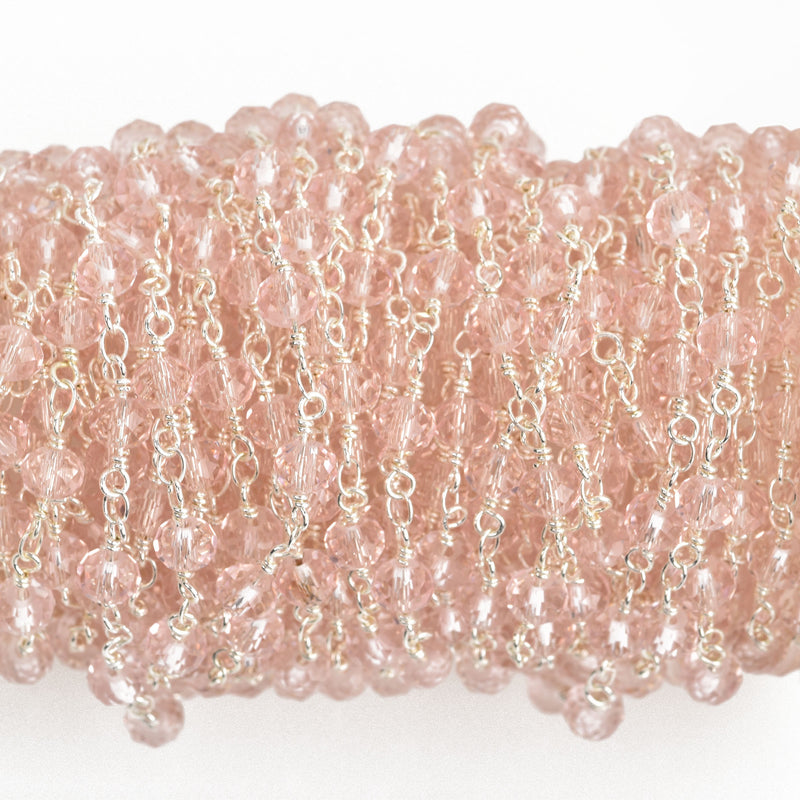 1 yard LIGHT PINK Crystal Rosary Chain, bright silver double wrap, 6mm faceted rondelle glass beads, fch0653a