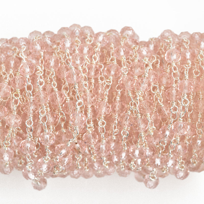 10 yards LIGHT PINK Crystal Rosary Chain, bright silver double wrap, 6mm faceted rondelle glass beads, fch0653b