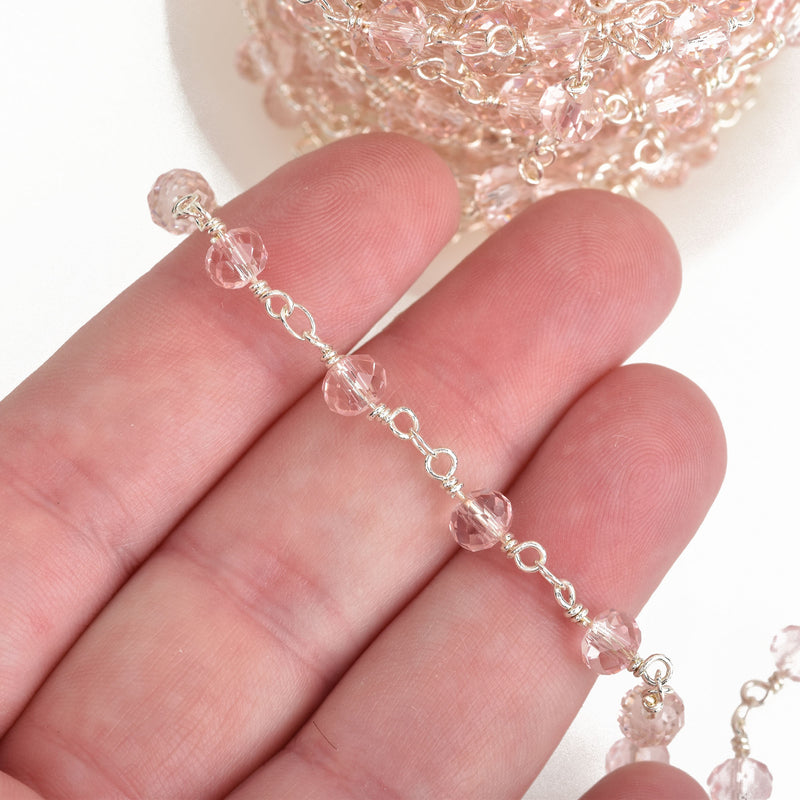 10 yards LIGHT PINK Crystal Rosary Chain, bright silver double wrap, 6mm faceted rondelle glass beads, fch0653b