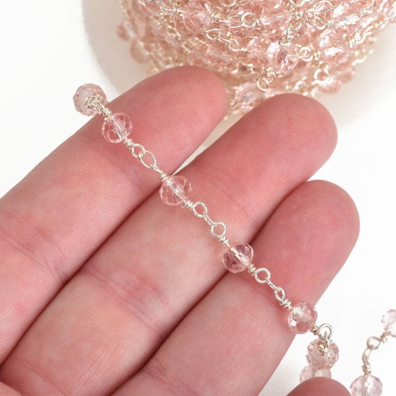 1 yard LIGHT PINK Crystal Rosary Chain, bright silver double wrap, 6mm faceted rondelle glass beads, fch0653a