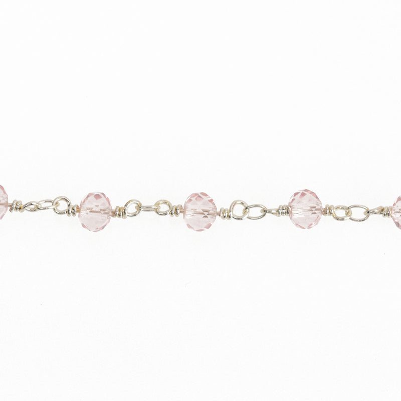 10 yards LIGHT PINK Crystal Rosary Chain, bright silver double wrap, 6mm faceted rondelle glass beads, fch0653b