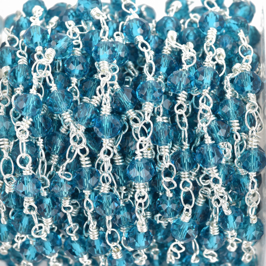 1 yard TEAL BLUE Crystal Rosary Chain, bright silver double wrap, 6mm faceted round glass beads, fch0654a