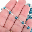 1 yard TEAL BLUE Crystal Rosary Chain, bright silver double wrap, 6mm faceted round glass beads, fch0654a
