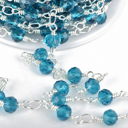 1 yard TEAL BLUE Crystal Rosary Chain, bright silver double wrap, 6mm faceted round glass beads, fch0654a