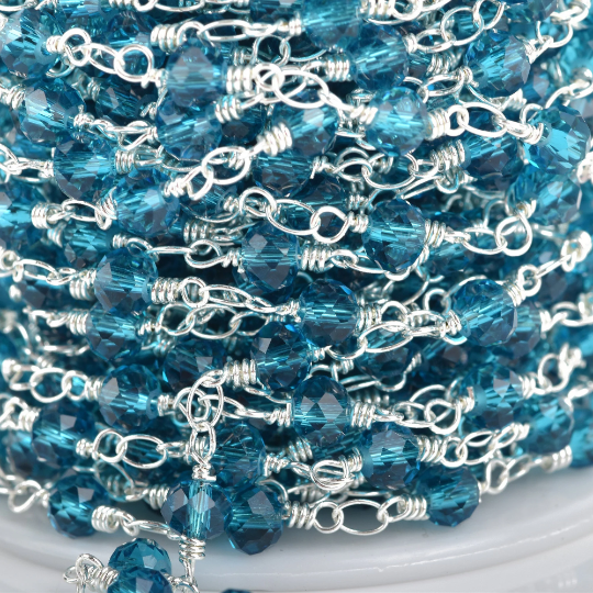 1 yard TEAL BLUE Crystal Rosary Chain, bright silver double wrap, 6mm faceted round glass beads, fch0654a