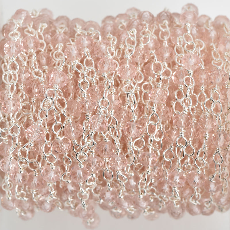 1 yard LIGHT PINK Crystal Rosary Chain, bright silver double wrap, 4mm faceted rondelle glass beads, fch0655a