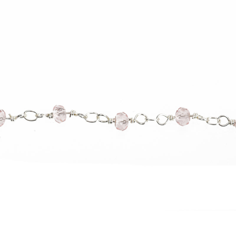 10 yards LIGHT PINK Crystal Rosary Chain, bright silver double wrap, 4mm faceted rondelle glass beads, fch0655b