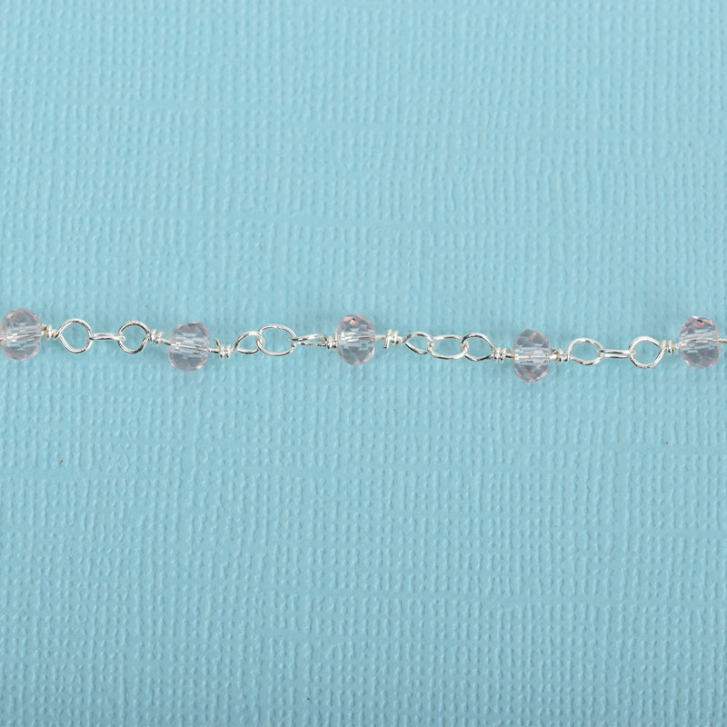 10 yards LIGHT PINK Crystal Rosary Chain, bright silver double wrap, 4mm faceted rondelle glass beads, fch0655b