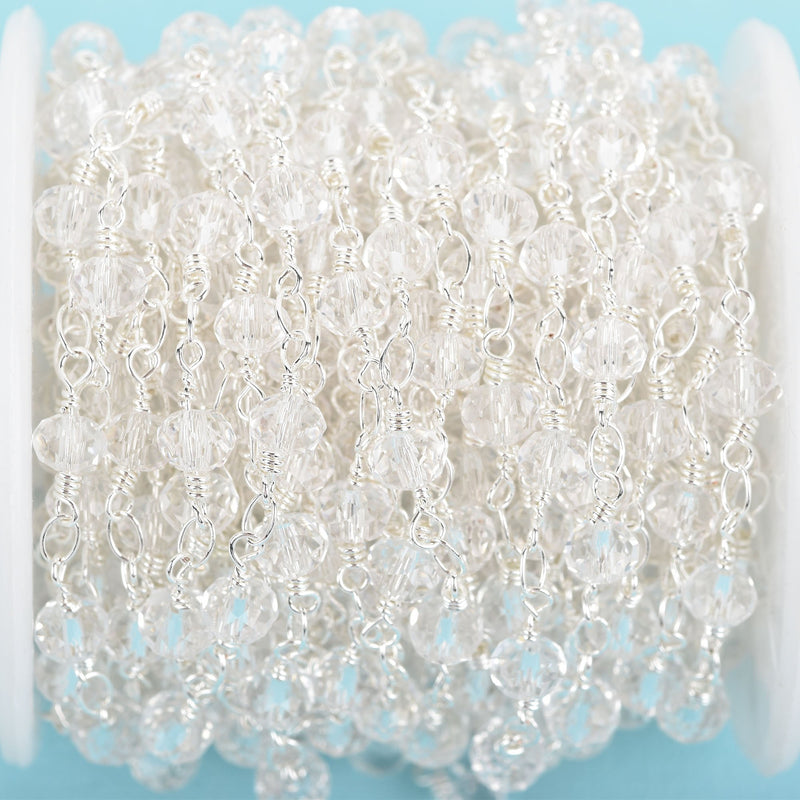 1 yard CLEAR Crystal Rosary Chain, bright silver double wrap, 6mm faceted rondelle glass beads, fch0656a