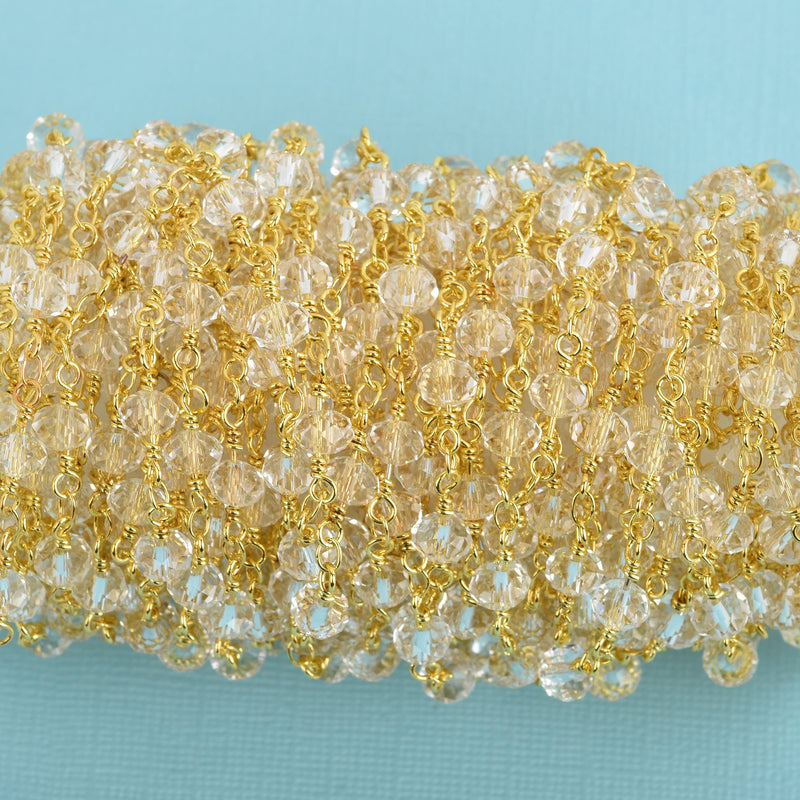 5 yards CLEAR Crystal Rosary Chain, bright GOLD double wrap, 6mm faceted rondelle glass beads, fch0657b