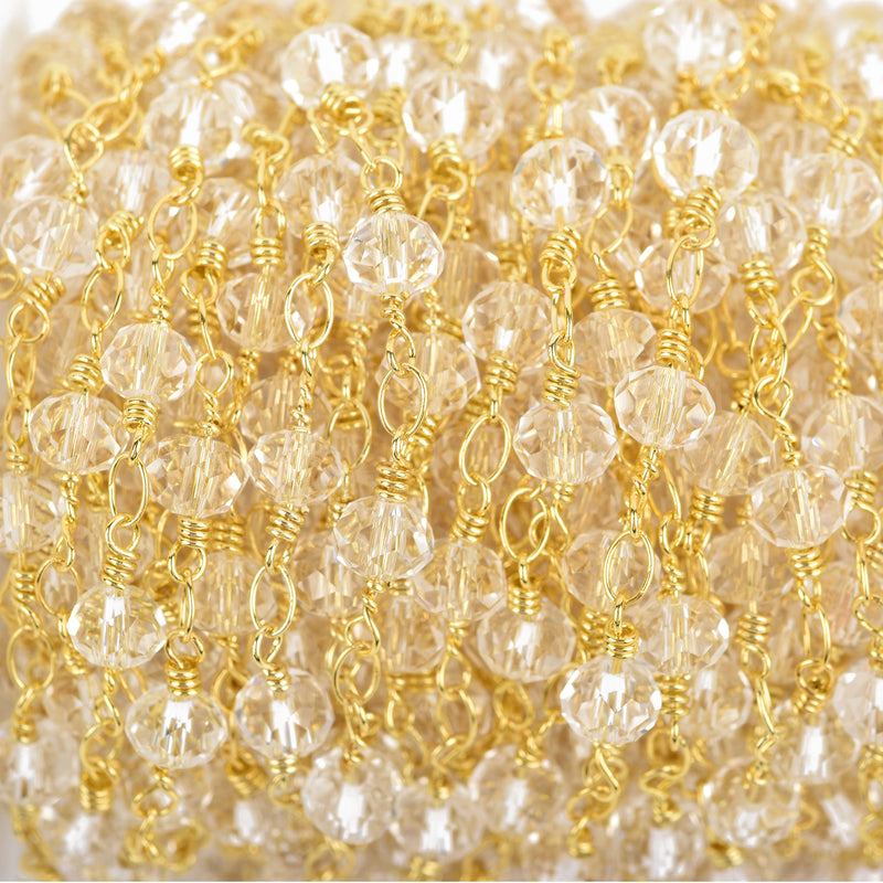 1 yard CLEAR Crystal Rosary Chain, bright GOLD double wrap, 6mm faceted rondelle glass beads, fch0657a