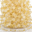 1 yard CLEAR Crystal Rosary Chain, bright GOLD double wrap, 6mm faceted rondelle glass beads, fch0657a