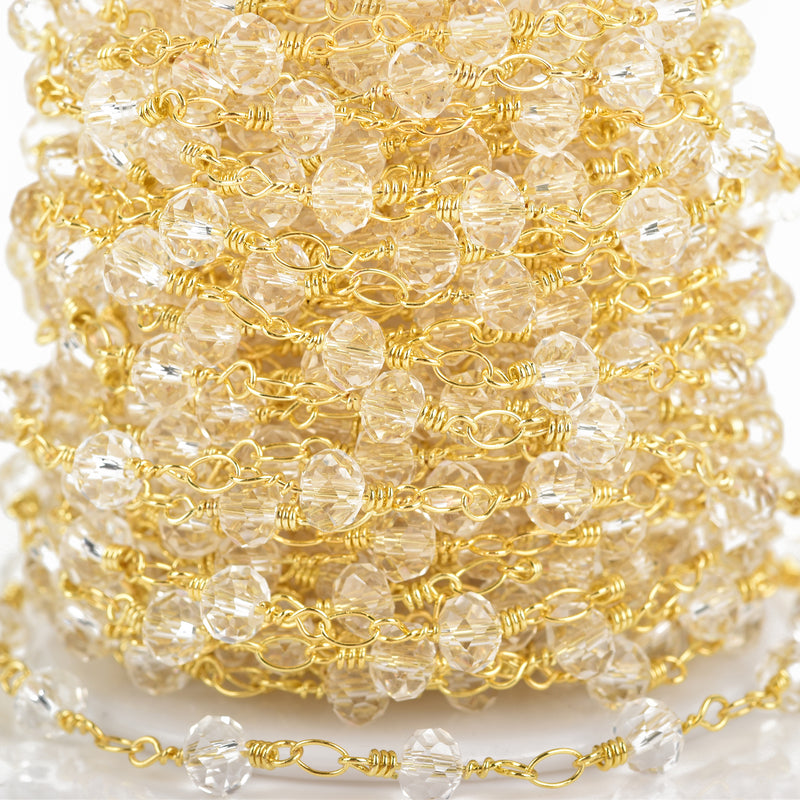 1 yard CLEAR Crystal Rosary Chain, bright GOLD double wrap, 6mm faceted rondelle glass beads, fch0657a