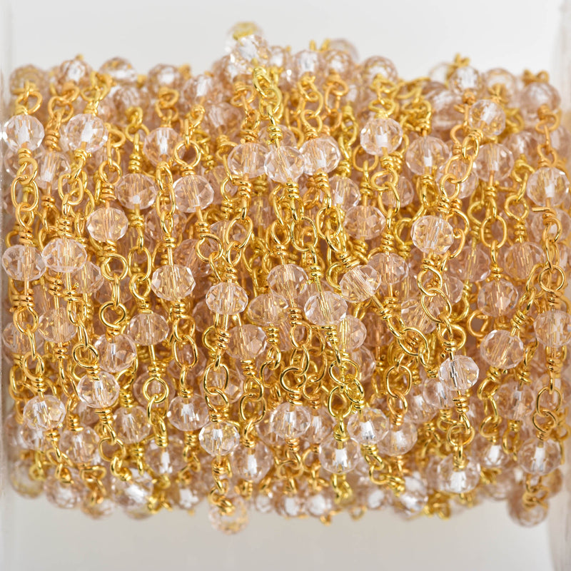 1 yard CLEAR Crystal Rosary Chain, bright GOLD double wrap, 4mm faceted rondelle glass beads, fch0658a