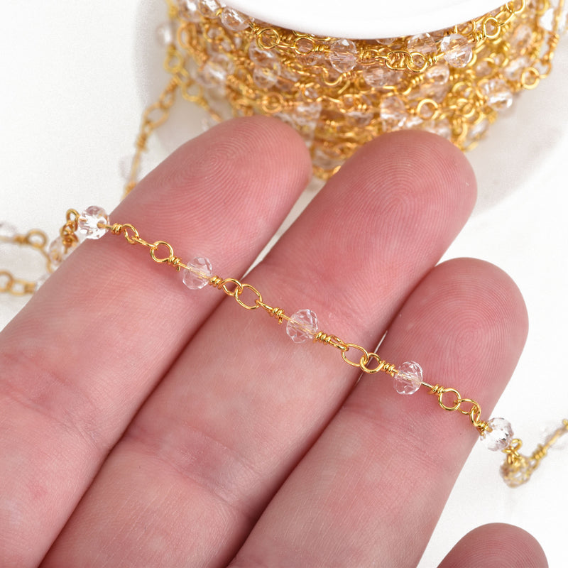 1 yard CLEAR Crystal Rosary Chain, bright GOLD double wrap, 4mm faceted rondelle glass beads, fch0658a