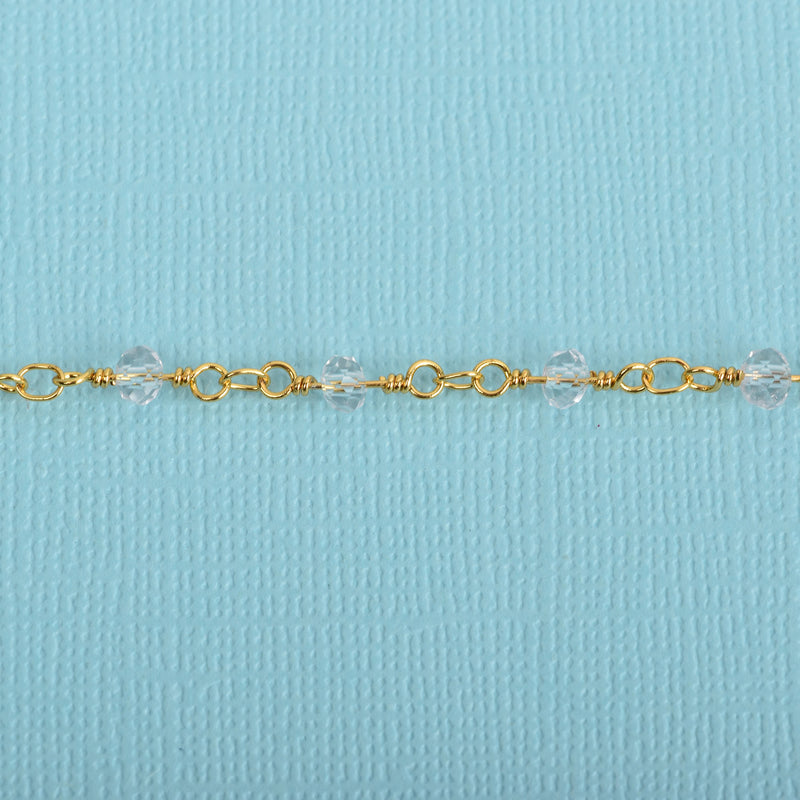 1 yard CLEAR Crystal Rosary Chain, bright GOLD double wrap, 4mm faceted rondelle glass beads, fch0658a