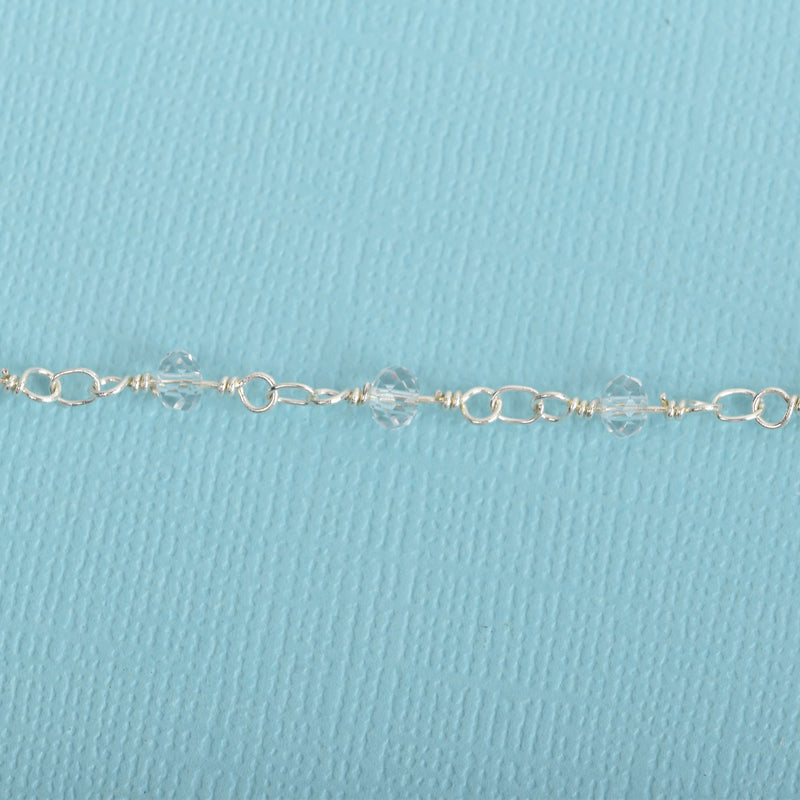 1 yard CLEAR Crystal Rosary Chain, bright silver double wrap, 4mm faceted rondelle glass beads, fch0659a