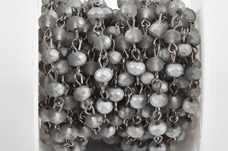 13 feet Frosted Matte SILVER GREY Crystal Rondelle Rosary Chain, gunmetal, 6mm faceted rondelle glass beads, fch0661b