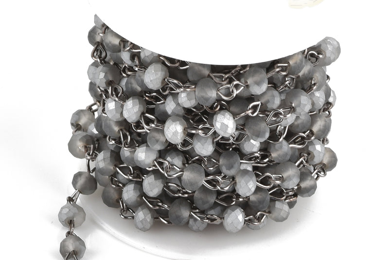 1 yard Frosted Matte SILVER GREY Crystal Rondelle Rosary Chain, gunmetal, 6mm faceted rondelle glass beads, fch0661a