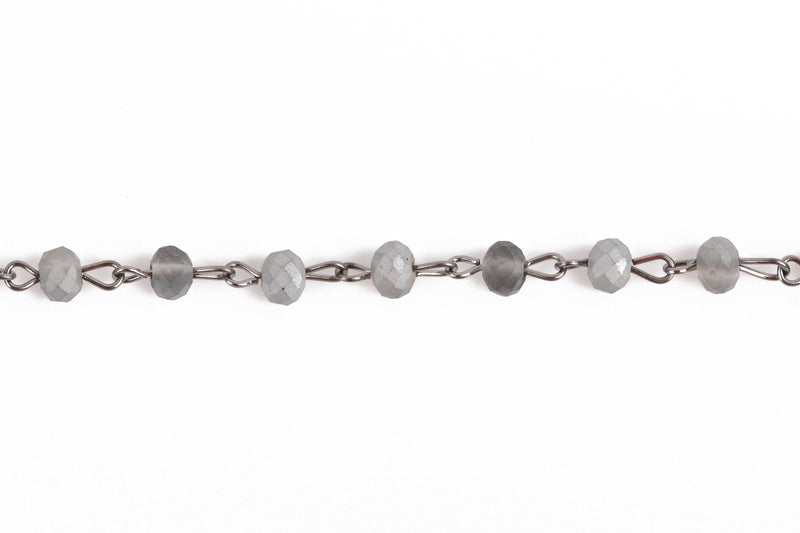 13 feet Frosted Matte SILVER GREY Crystal Rondelle Rosary Chain, gunmetal, 6mm faceted rondelle glass beads, fch0661b