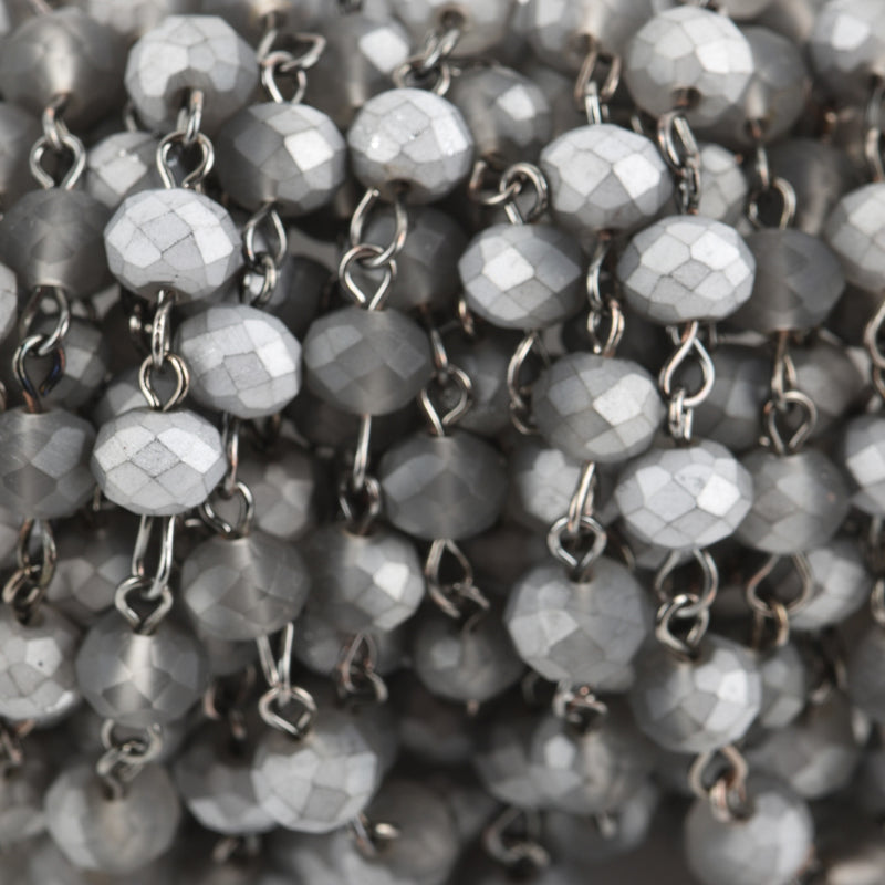 13 feet Frosted Matte SILVER GREY Crystal Rondelle Rosary Chain, gunmetal, 8mm faceted rondelle glass beads, fch0662b