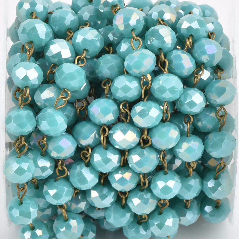 1 yard (3 feet) TURQUOISE BLUE AB Crystal Rondelle Rosary Chain, bronze, 10mm faceted rondelle glass beads, fch0663a