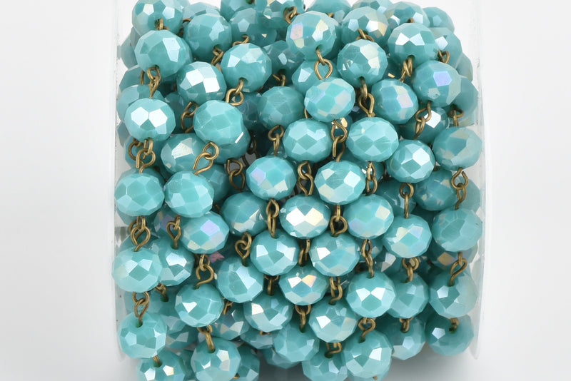 13 feet (4.33 yards) TURQUOISE BLUE AB Crystal Rondelle Rosary Chain, bronze, 10mm faceted rondelle glass beads, fch0663b