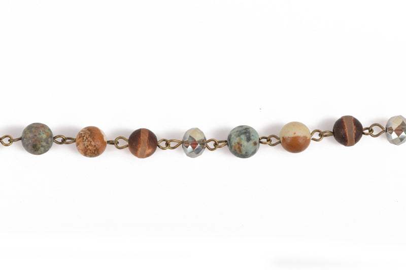 Gemstone Crystal Rosary Chain, Picture Jasper, Matte Chrysoprase, bronze, 8mm faceted round and rondelle beads, fch0664