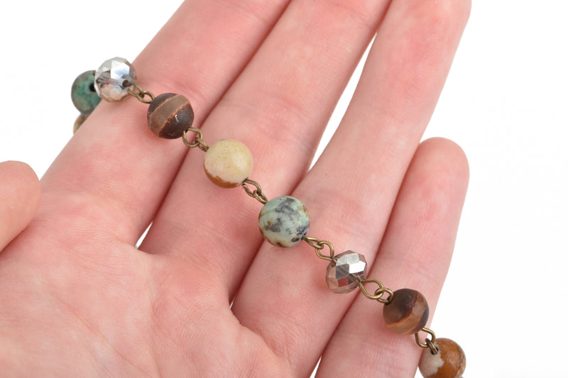 Gemstone Crystal Rosary Chain, Picture Jasper, Matte Chrysoprase, bronze, 8mm faceted round and rondelle beads, fch0664