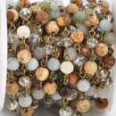 13 feet (4.33 yards) JASPER, AMAZONITE & CRYSTAL Crystal Rosary Chain, bronze, 6mm faceted round and rondelle beads, fch0665b
