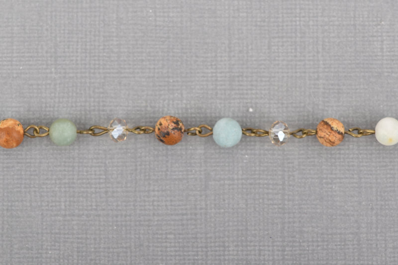 1 yard JASPER, AMAZONITE & CRYSTAL Crystal Rosary Chain, bronze, 6mm faceted round and rondelle beads, fch0665a