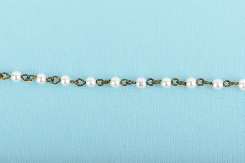 1 yard IVORY CREAM Pearl Rosary Chain, bronze, Off White Glass Pearls, 4mm round glass pearl beads, fch0669a