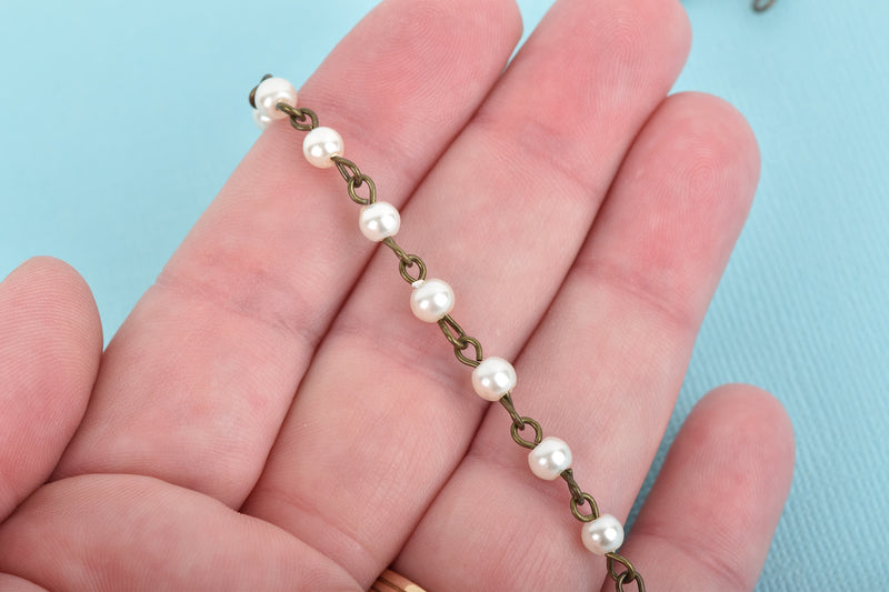 1 yard IVORY CREAM Pearl Rosary Chain, bronze, Off White Glass Pearls, 4mm round glass pearl beads, fch0669a