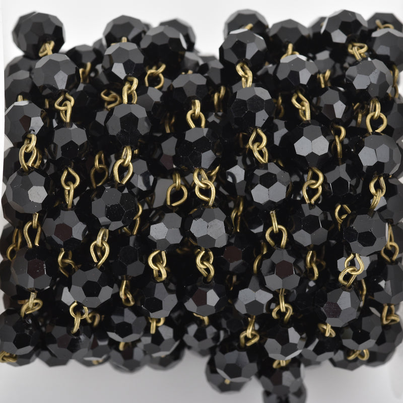 13 ft (4.33 yards) Black Crystal Rosary Chain, bronze, 8mm round faceted crystal beads, fch0670b