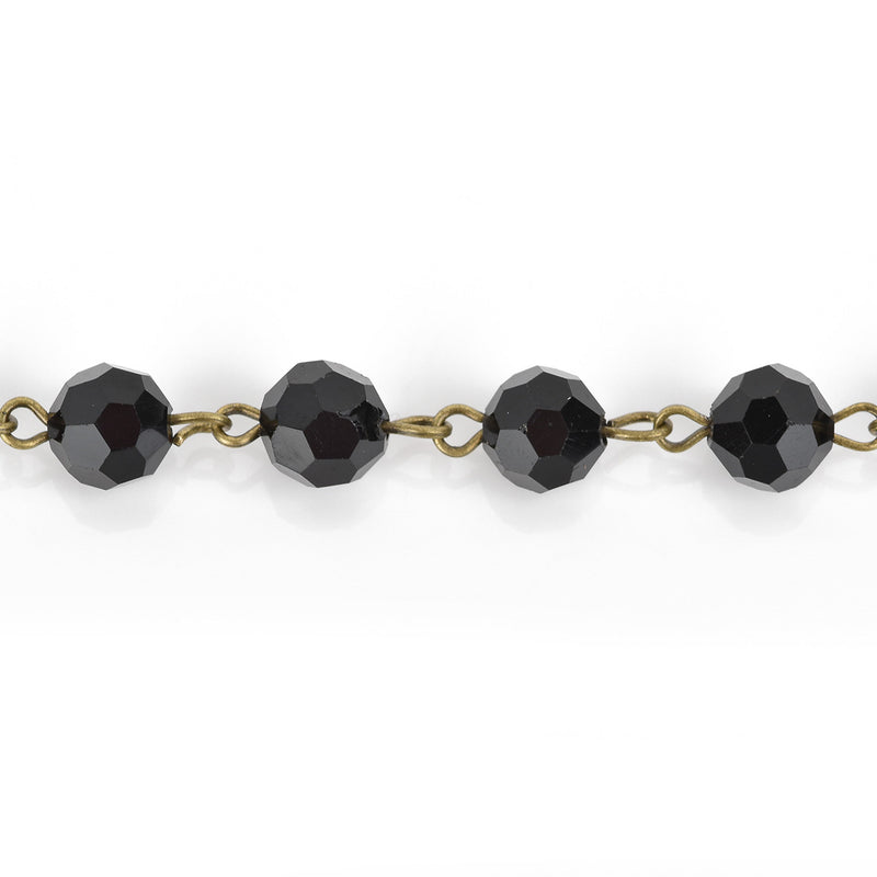 13 ft (4.33 yards) Black Crystal Rosary Chain, bronze, 8mm round faceted crystal beads, fch0670b