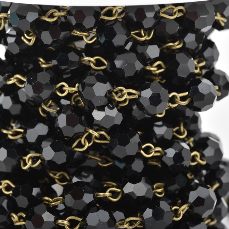 13 ft (4.33 yards) Black Crystal Rosary Chain, bronze, 8mm round faceted crystal beads, fch0670b