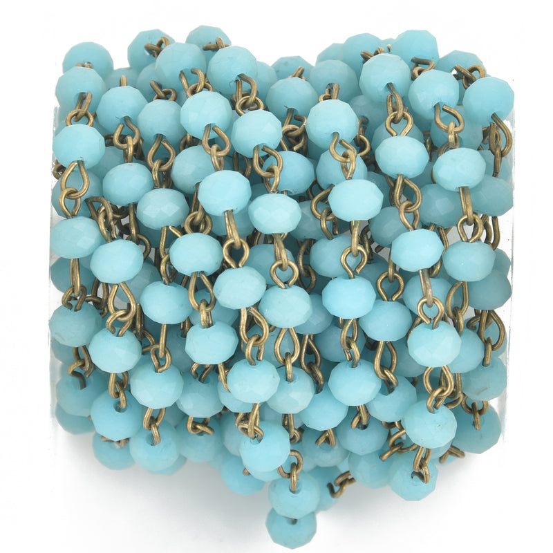 1 yard Matte TURQUOISE BLUE Crystal Rondelle Rosary Chain, bronze, 6mm faceted frosted rondelle glass beads, fch0671a