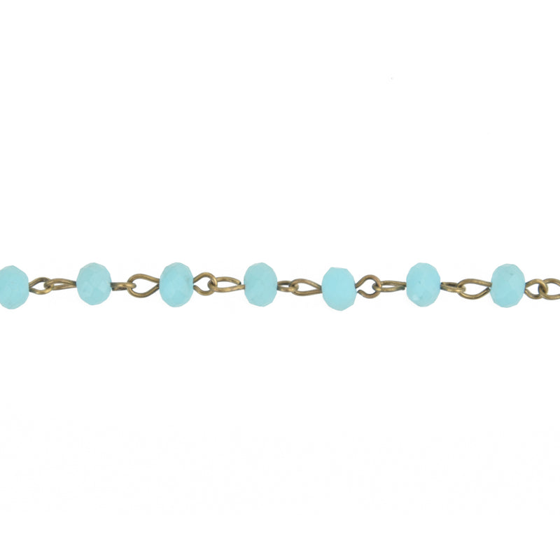 1 yard Matte TURQUOISE BLUE Crystal Rondelle Rosary Chain, bronze, 6mm faceted frosted rondelle glass beads, fch0671a