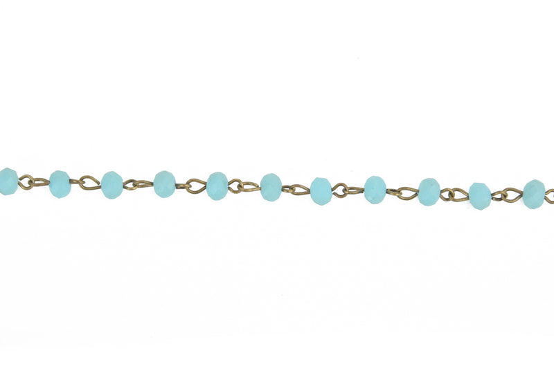 1 yard Matte TURQUOISE BLUE Crystal Rondelle Rosary Chain, bronze, 6mm faceted frosted rondelle glass beads, fch0671a